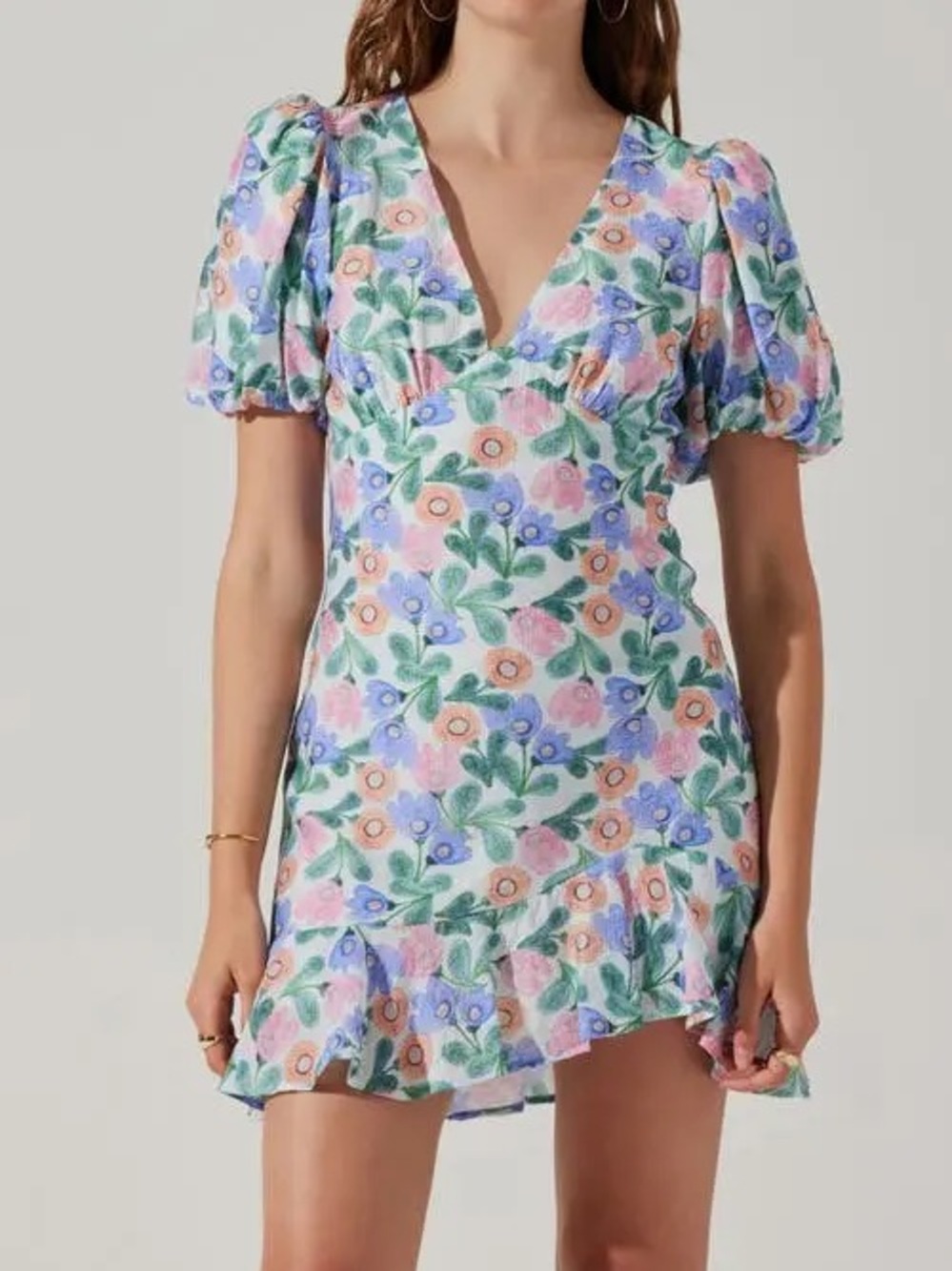 ASTR The Label Floral V-Neck Puff Sleeve Mini Dress - Multicolor